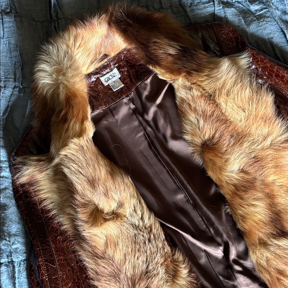 EUVC VTG Fur Collar Cuffs EMBOSSED CROC TEXTURED LAMB Zip LEATHER JACKET S M 6 8 - Picture 15 of 17